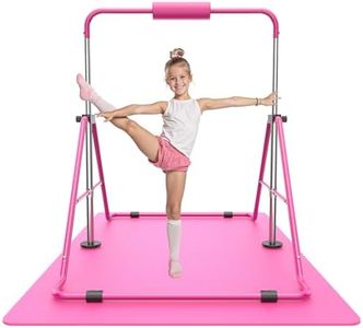 Sportsroyals Gymnastics Bar for Kids,Adjustable Height Gymnastic Horizontal Bars,Folding Gymnastic Junior Training Kip Bar for Home, Pink (Pink+mat)