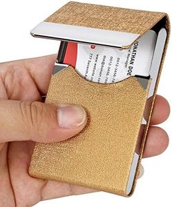 JuneLsy Business Card Holder Case Professional PU Leather Business Card Case Metal Name Card Holder Pocket Business Card Carrier for Men & Women with Magnetic Shut (gold-JG5)