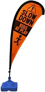 Teardrop Banner Flag Safety Sign with Fiberglass Poles and Weighted Base for Yards and Driveways -"Slow Down Kids at Play", Orange