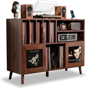 XL Record Player Stand with Sliding Doors, 500+ Vinyl Record Storage Cabinet with Charging Station & USB Ports, Mid Century Modern Record Player Table,Turntable Stand with Wood Legs for Living Room