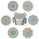 STARUBY Coasters Set of 6 with Holder Ceramics Absorbent Coaster with Cork Base Light Blue and Orange Flower Pattern Non-Slip 10cm Round Coaster for Coffee Beer Mug Home Bar Wine Glass