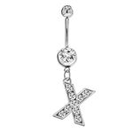 Initial Dangle Belly Button Rings | Embellished with CZ Crystals in Silver Letters A to Z | Ideal for Navel Piercings Belly Piercings - Initial X - BB-024