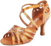 GOKTUR Women's Latin Dance Shoes Rhinestone 2.2" Heel Professional Satin Ballroom Salsa Performance Dancing Shoes (Brown 3inch Heels, Adult, Women, 7.5, Numeric, US Footwear Size System, Medium)