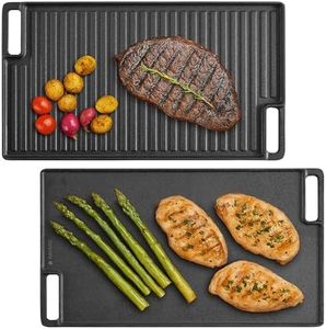 Navaris Reversible Cast Iron Grill/Griddle - 18.5" x 10.8"(47 x 27.5cm) Pre-Seasoned with Handles, Flat & Ribbed Rectangular Grill Plate, for Stove, Oven, Campfire, Heavy-Duty