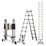 COOCHEER 5M Telescopic Ladder, 2-in-1 Folding Ladder, Multifunctional Ladder Made of Aluminium, 150 kg Load Capacity, 16 Rungs, Suitable for Indoor and Outdoor Use