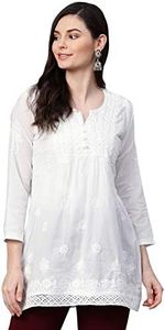 Ada Handmade Lucknow Chikan Womens Straight Cotton Top Tunic Dress (A208706_White)