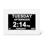 FLAVORIE 7'' Digital Calendar Day Clock, 3 Medication Reminder and Large Screen Display, am pm, 5 Alarm, Ideal for Extra Impaired Vision People, Aged Seniors, White (Adapter Not Included), 7-inch