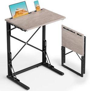 Evermagin 21''Wx28''H Folding TV Tray, Small Foldable C-Shaped End Table for Eating with Tablet and Phone Slots, Slide Under Couch Side Table for Recliner, Living Room, Bedroom, Greige