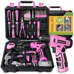 BLOSTM 126 Piece Pink Tool Kit with Drill - Home Tool Set with 8V Cordless Pink Drill & Essential Hand Tools for DIY, Household Repairs - Portable Plastic Tool Box, Screwdrivers, Bits, Pliers & More