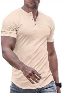 JMIERR Mens Muscle Slim Fit Button Henley Shirts Summer Crewneck Short Sleeve Longline Fitted T-Shirt Gym Workout Athletic Tee Shirt, 4XL, Apricot