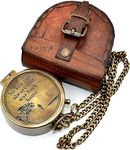 BACKONE Antique Brass Flat Compass with Leather Case and Chain Pirates Compass Brown Engraved Navigational Compass,5.8x5.8x1.8 CM