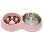 Fur & Bone Double Slow Feeder Dog Bowl | Raised Dog Bowl with Non-Slip Bottom | Cat Food Bowl, Dog Bowls | Dog Water Bowl, Cat Bowls, Stainless Steel Bowl | Detachable Raised Cat Bowl (Pink)