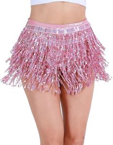 ZPLxi Women's Sequin Tassel Skirt Shinny Adjustable Rave Fringe Belly Dance Hip Scarf Tutu Petticoat Skirt for Cosplay Costume Pink