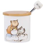 Small Ceramic Sugar Bowl, Kitchenexus Porcelain Sugar Bowl with Wooden Lid and Stainless Steel Spoon 9oz/266ml with Cat Pattern, Suit for Coffee Bar, Home breakfast, Best Gift for Cat Lovers