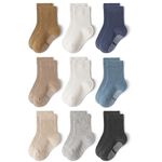Bearbay 9 Pairs Toddler Non Slip Cotton Crew Socks with Anti-slip Dots for Infant Baby Boys Girls Plain Blue