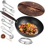 Leidawn 12.8" Carbon Steel Wok - 11Pcs Woks & Stir Fry Pans Wok Pan with Lid, No Chemical Coated Chinese Wok with 10 Cookware Accessories, Flat Bottom Wok for Electric, Induction and Gas Stoves