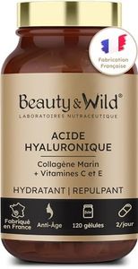 Acide Hyaluronique + Collagène Marin + Vitamine C + Vitamine E | Anti-âge | Anti-Rides | Hydratation & Élasticité de la peau | Made in France | 120 gélules - 2 mois de cure | Beauty & Wild