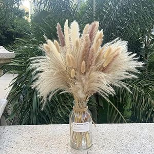 Pampas Grass Decor 110 pcs 17.5inch Natural Dried Pampas Grass-15Pcs White Pampas & 15Pcs Brown Pampas & 50Pcs Reed Grass& 30Pcs Bunny Tail Grass,Fluffy Dried Flowers for Home Decor Wedding Boho Decor