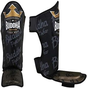 BUDDHA FIGHT WEAR - Muay Thai, MMA and Kick Boxing Shin Guards Top Premium Model - Made of Last Generation Synthetic Leather - More resistant and reinforced seams - Black and Gold - Size M