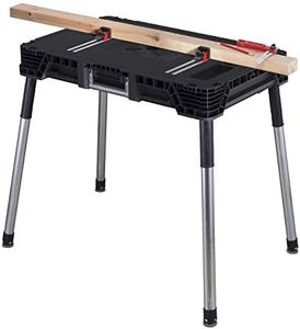 KETER Jobmade Portable Work Bench and Miter Saw Table for Woodworking Tools and Accessories with Included Wood Clamps – Removable Table Legs for Easy Garage Storage