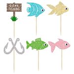 Gyufise 24Pcs Gone Fishing Bobber Cupcake Toppers with 3D Eyes Little Fisherman Birthday Party Cake Decorations for Kid Baby Shower Summer Pool Beach Underwater Party Supplies