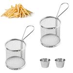 DECARETA Chip Serving Frying Baskets 2 Pcs Mini Chip Baskets with 2 Cups,Chef Chrome Fry Basket Set,Stainless Steel French Fry Cooking Tapas Food for Table Serving Food Presentation Kitchen Use