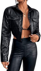 SweatyRocks Women's PU Leather Cropped Coat Casual Button Front Jacket with Bust Pocket Black L