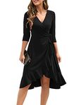 Owin Women's Casual 3/4 Sleeve Cocktail Party Dresses Elegance Wrap V Neck Ruffle Hem Ruched Wedding Guest Dress Black M