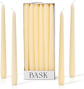 Bask 10-inch Taper Candles - Unscented and Dripless - Burns for 8 Hours - Home Decor for Dinner Table, Kitchen, and Bedroom - Perfect for a Romantic Date or Anniversary - 12-Pack - Ivory