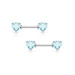 BodyJewelryOnline Adult Pair of Nipple Barbells 14G Surgical Steel with Heart Shaped Prong Set CZ Gems (Light Blue)