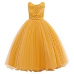 Flower Girl Lace Dress for Kid Wedding Bridesmaid Pageant Party Formal Long Maxi Gown Big Little Princess First Communion Birthday Dance Prom Beaded Full Length Puffy Tulle Dresses Yellow 6-7 Years
