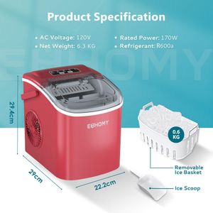 EUHOMY Countertop Ice Maker – 9 Cubes in 6 Mins, 2 Sizes, 12kg/24h, Red