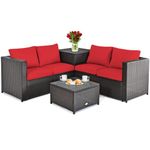 DORTALA 4-Piece Outdoor Patio Furniture Set, PE Rattan Conversation Set with Coffee Table, Storage Box & Loveseats, Sectional Sofa Set with Cushions for Backyard, Garden and Poolside, Red