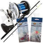 Lineaeffe NGT Boat Max 6ft 2pc 25lb Fibreglass Fishing Rod JD300 Sea Boat Multiplier Reel & 2 x Packs of Feathers