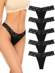 voenxe Seamless Lace Thongs for Women No Show Thong Underwear,Lady Breathable Comfort Panty Soft Laser Cut Undie,Tanga,5-Pack Black