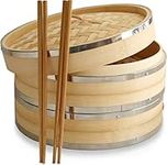 10 Inch (25.4cm) Premium Organic Bamboo Steamer by Harcas. Large 2 Tiers with Lid. Strong, Durable. Best for Dim Sum, Vegetables, Meat and Fish. Hand Made. Chopsticks Included