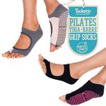 Tucketts Toeless Grip Socks for Women - Non Skid Sticky Grip Sock for Yoga, Pilates Reformer, Barre, Dance, Open Toe & Non Slip Yoga Socks Design, Size S/M (6-9) - Black/Grey Blush, B088JGTHYL, 2 Pack