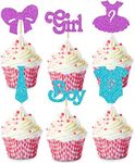 Gender Reveal Cake Toppers 24Pcs Boy or Girl Cupcake Toppers Glitter Baby Shower Cake Toppers Cute Glitter Cupcake Picks for Kids Birthday Baby Gender Reveal Cake Decorations Supplies