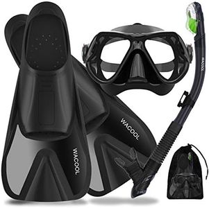 WACOOL Adults Snorkeling Snorkel Scuba Diving Package Set Gear with Travel Full Foot Short Swim Pocket Fins Anti-Fog Coated Glass Silicon Mouth Piece Purge Valve and Anti-Splash (Black,L)