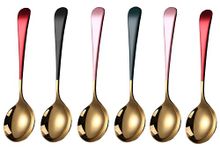 Leeonz® Soup Spoons Stainless Steel, 18/10 Round Head Soup Spoons, Modern Thick Short Handle Stainless Steel Korean Spoon, Dinner Metal Spoons for Soup, Grain,Dessert,Milk,Tea,Coffee, 7.3 Inch (6PCS)