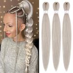 IXIMII Pre Stretched Braiding Hair 26 inch 3 packs Silver Pre-Stretched Kanekalon Braiding Hair Long Straight Crochet Braids Soft Yaki Texture Synthetic Hair Extensions Hot Water Setting