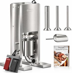 Prenafla Sausage Stuffer, 4Lbs/1.8L Electric Sausage Machine, Double Foot Pedal Sausage Maker, 304 Stainless Steel Sausage Press with 3 Stuffing Tubes & Sausage Recipe, Silver