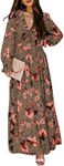 BLENCOT Women's Casual Boho Floral Printed Deep V Neck Loose Long Sleeve Long Evening Dress Ruched Cocktail Party Maxi Wedding Dress Brown Small