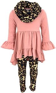 Unique Baby 3 Piece Girls Fall Winter Clothes Set Kid and Toddler Girl Leggings, Long Sleeve Shirt and Scarf Outfit (9 Years, Peach Leopard)