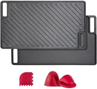 Aping Cast Iron Griddle, Nonstick Reversible Griddle Pan with Scraper & Mitts for Gas Grill, Cast Iron Griddle Plate for Gas Stove Top, Oven, Outdoor Grill or Campfire,18'' x 10.2''
