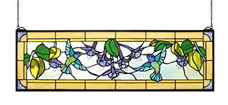 Yolic Tiffany Style Stained Glass Hummingbirds Fuchsia Horizontal Art Glass Panel 10" x 32"