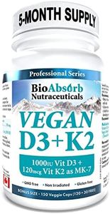 Vegan Vitamin D3 1000 IU + Vitamin K2 MK-7 Form (120 mcg). 150-Day Supply, 150 Vegetarian Capsules