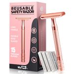 Safety Razor for Women Men with 15 Stainless Steel Double Edge Blades, Long Handle Men’s Single Blade Razors for Shaving, Upgraded Blades Reduce Razor Burns, Rose Gold