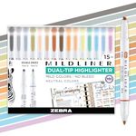 Zebra Pen Mildliner Dual-Tip Highlighter Set, Broad and Fine Point Tips, No Bleed, Ideal for Bible Highlighting, Journaling, School and Office Supplies, Neutral Vintage Ink Colors, 15-Pack (78315)