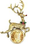 Brooch Irish Half Penny Coin Jewelry- Reindeer Pin- Goldtone Bezel-Minted in Ireland Featuring Harp Side